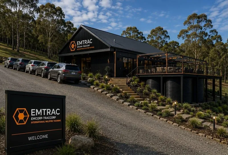 The EMTRAC training base at dusk, with signage at the entry