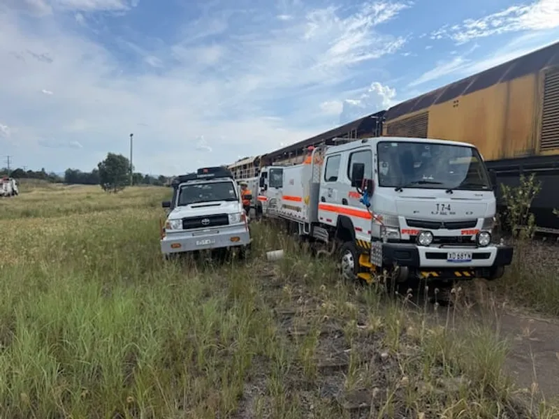 Traccorp tankers and support vehicle beside a freight train