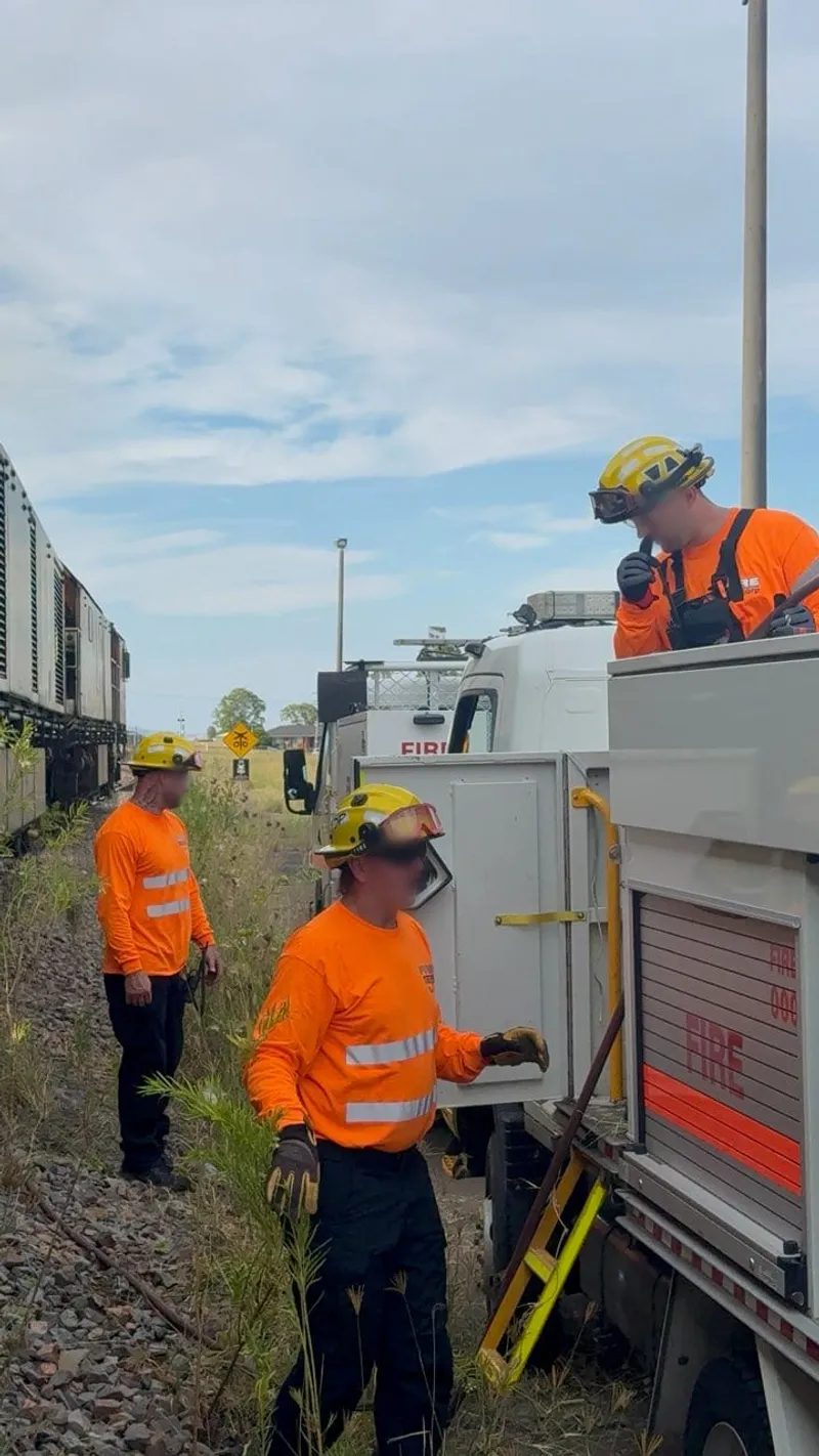 Crew working from an appliance beside a freight train